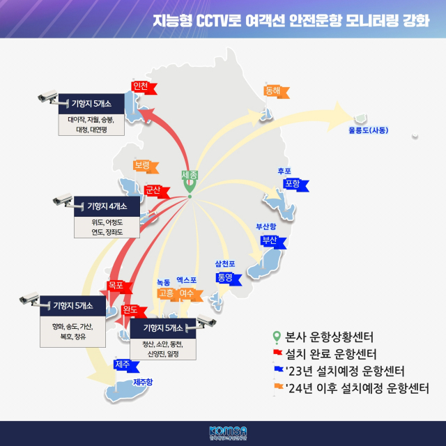 올해 5월 기준 ‘선박 특화 지능형CCTV’ 설치 현황(여객선터미널 4곳, 기항지 19곳). KOMSA 제공