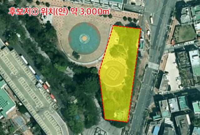 용역단계에서 부산문학관 부지로 제시된 ‘어린이대공원 입구’(노란색 부분) 부지. 가운데가 원형 광장 위치다. 부산일보 DB