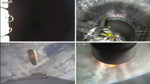 국내 독자 기술로 개발된 한국형 발사체 누리호(KSLV-Ⅱ)가 5월 25일 오후 전남 고흥군 나로우주센터에서 발사되고 있다. 이번 누리호 3차 발사는 차세대소형위성 2호 1기와 큐브위성 7기 등 본격적으로 실용급 위성을 탑재해 발사하는 첫 사례다. 사진은 누리호에 탑재된 카메라 영상. 연합뉴스