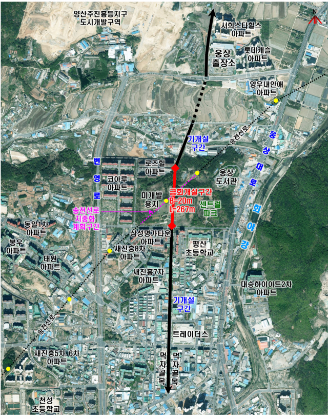 이르면 8월 개설에 들어가는 웅상센트럴파크 진입도로와 송전탑 이설을 포함한 송전선로 지중화 위치도. 양산시 제공