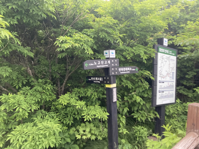연하천산장 가기 전 뱀사골로 하산하는 갈림길을 지난다.