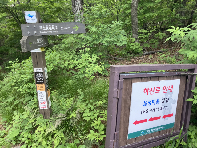 벽소령대피소 가기 전 음정마을 하산로가 있다.