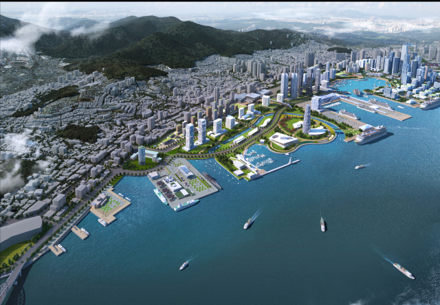 부산항 북항1단계 재개발사업의 핵심인 랜드마크 부지 사업자 선정 재공모를 진행하기 위해 관계기관이 협의체를 구성했다. 북항 1단계 재개발사업 조감도. 부산일보DB