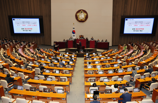 지난 13일 오후 열린 국회 본회의에서 더불어민주당 유동수 의원이 대정부 질문을 하는 도중 올해 세수 결손 예상액이 화면으로 나오고 있다. 연합뉴스