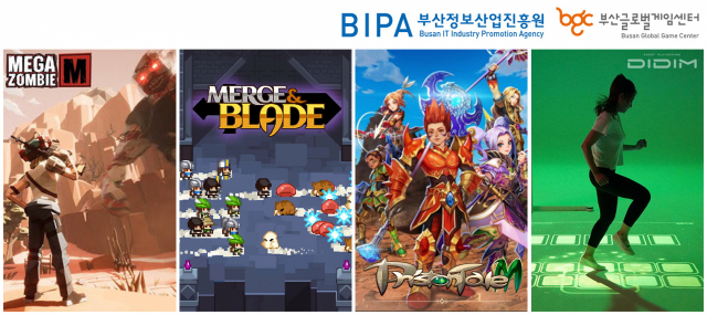 부산 게임 제작사가 출시한 다양한 게임들. 왼쪽부터 메가좀비M, Merge＆Blade, 프리스톤 테일M, 디딤. 부산정보산업진흥원 제공