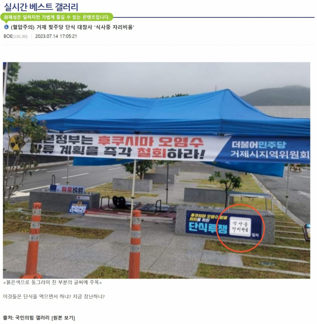 온라인 커뮤니티에 올라온 더불어민주당 거제지역위원회 단식 농성 게시물. 부산일보DB