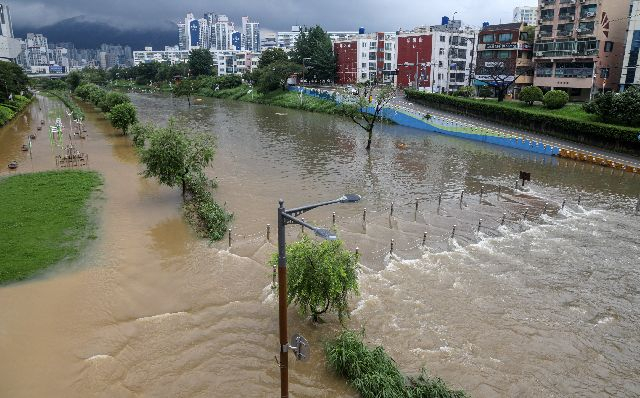 사진은 부산지역에 나흘째 호우경보가 발효 된 지난 18일 출입이 통제된 온천천 하부도로 및 산책로와 설치된 운동기구가 불어 난 물에 잠겨 있다. 김종진 기자 kjj1761@