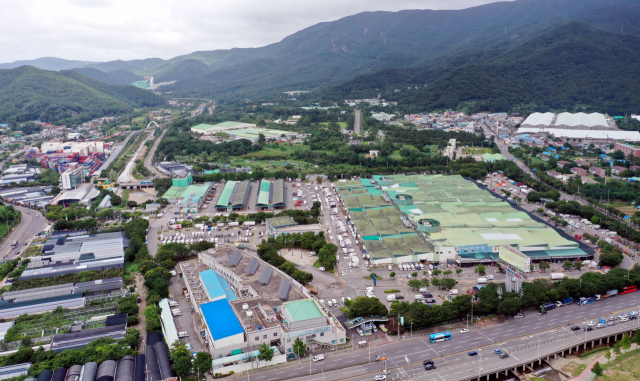 최근 부산 해운대구 풍산 부산공장 부지 가격이 천정부지로 치솟으며 또 다른 특혜 시비로 이어지고 있다. 부산 해운대구 반여동 농산물도매시장과 풍산 부산공장 부지에 들어설 센텀2지구 혁신산단 대상지 모습. 정종회 기자 jjh@
