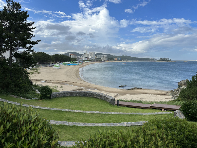 울산 울주군 진하해수욕장의 아늑한 해변. 왼쪽 송림에 울주해양레포츠센터캠핑장이 자리한다.