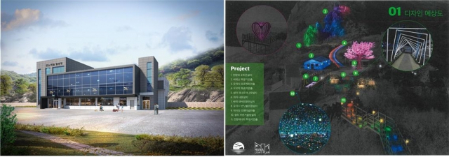 거제관광모노레일 하부승강장 재건축 조감도(왼쪽)와 야간 경관조명 계획도. 거제해양관광개발공사 제공