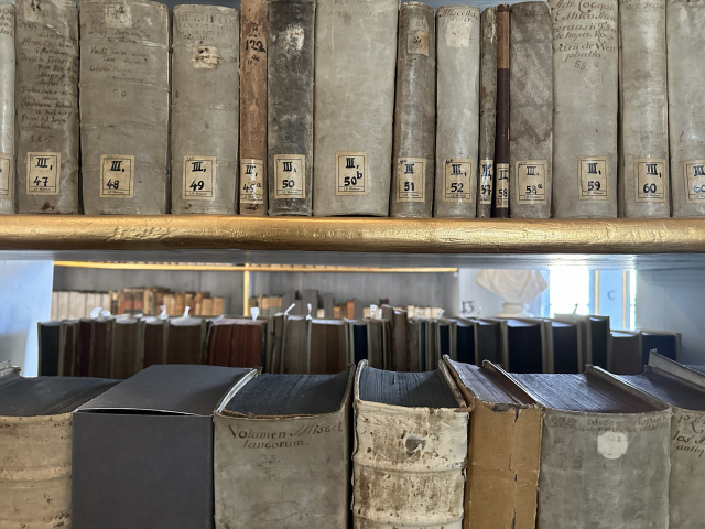 '안나 아말리아 대공비 도서관' 서가의 책들. 괴테가 읽은 책에는 작은 메모지에 일련번호가 써져 있다. 김은영 선임기자