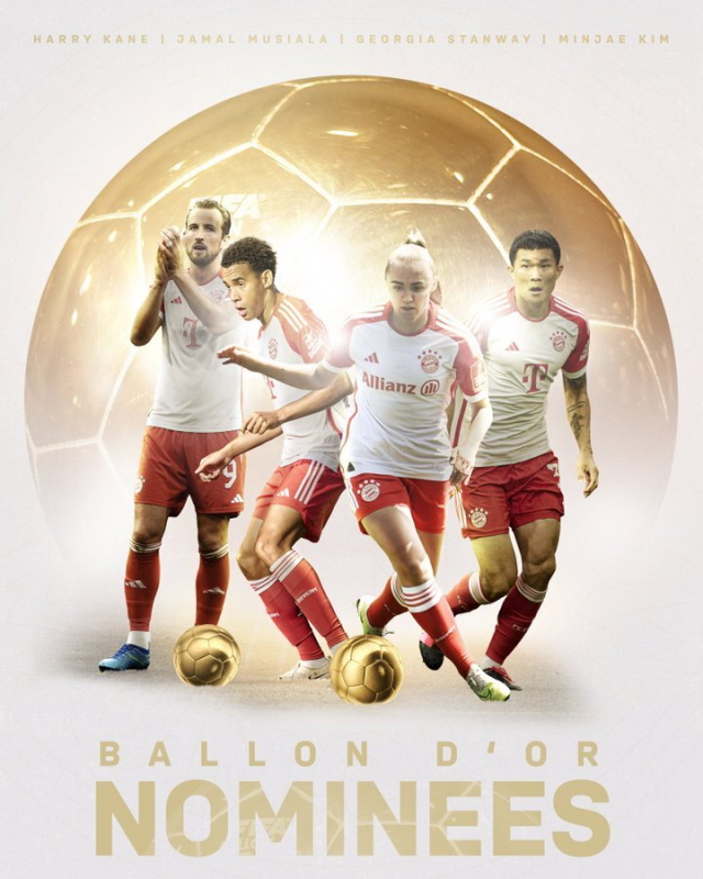 올해 발롱도르 후보에 선정된 독일 분데스리가 명문 바이에른 뮌헨의 선수들. 오른쪽부터 김민재, 여자부 조지아 스탠웨이, 자말 무시알라, 해리 케인. 바이에른 뮌헨 홈페이지 캡처