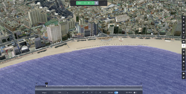 부산 광안리해수욕장 평균 해수면이 50cm 상승했을 때 예상 침수 구역. 한국해양과학기술원(KIOST)이 뉴레이어(주)에서 개발한 ‘디지털 트윈 공간정보 기반 3D-GIS 시스템’으로 시뮬레이션한 것이다. KIOST 제공