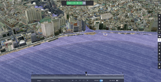 부산 광안리해수욕장 평균 해수면이 300cm 상승했을 때 예상 침수 구역. 한국해양과학기술원(KIOST)이 뉴레이어(주)에서 개발한 ‘디지털 트윈 공간정보 기반 3D-GIS 시스템’으로 시뮬레이션한 것이다. KIOST 제공