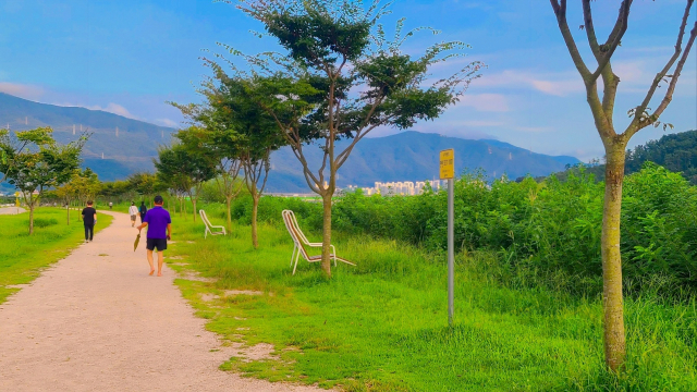 물멍 의자 뒤로는 강변을 따라 길게 나 있는 강변산책길이 있다. 건강을 위해 맨발로 흙길을 걷는 사람도 많다.