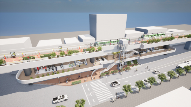 트램과 고가 하부 공간을 활용한 아이디어 스케치.