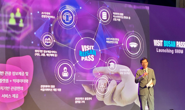 11일 오후 부산 롯데호텔에서 열린 '비짓부산패스 론칭쇼'에서 박형준 부산시장이 외국인 관광객을 위한 '비짓부산패스'와 관광도시 부산의 비전을 설명하고 있다. 연합뉴스