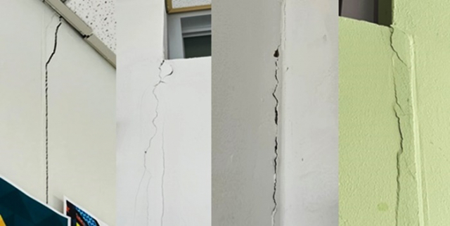 애서튼국제외국인학교 시설물에 발생한 균열. 학교 측은 인접한 아파트 건설 현장의 암반 파쇄 작업에 따른 여파라 주장한다. 학교 제공
