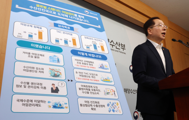 조승환 해양수산부 장관이 지난 18일 세종시 정부세종청사에서 ‘어업 선진화 추진 방안’을 발표하고 있다. 연합뉴스