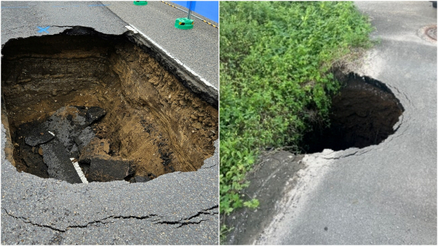 서부경남에서 최근 싱크홀이 잇따라 발생, 대형사고를 우려하는 시민 불안감이 커지고 있다. 진주시(왼쪽)와 사천시에서 발생한 직경 2m가 넘는 대형 싱크홀.