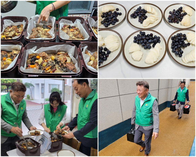 김수진 회원을 중심으로 갈비찜 100인분을 손수 만들고 배와 포도 등 과일까지 직접 준비한 회원들이 성품을 들고 시설로 향하고 있다. 통영시새마을회 제공