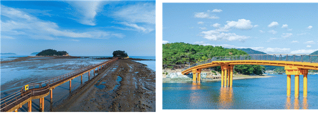 10월 이달의 어촌 여행지로 선정된 전남 신안군 둔장마을(왼쪽)과 경남 고성군 룡대미마을(왼쪽부터 둔장마을 무한의 다리, 룡대미마을 앞 대보교 및 보리섬). 해수부 제공
