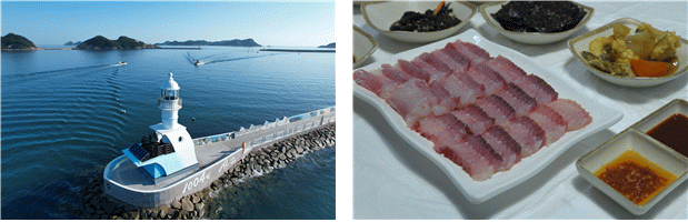 10월 이달의 등대로 선정된 전남 신안군 흑산도항방파제등대(왼쪽) 및 신안 흑산홍어(오른쪽). 해수부 제공