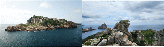 10월 이달의 무인도서로 선정된 전남 여수시 삼산면 거문리에 있는 ‘상백도’ 전경(왼쪽) 및 매바위. 해수부 제공