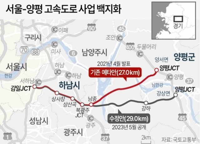 서울-양평고속도로의 기존 예비타당성 노선과 변경된 노선 구간을 설명한 그래프. 연합뉴스
