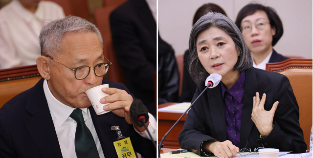 유인촌 문화체육관광부 장관 후보자가 5일 국회에서 열린 인사청문회에 참석해 물을 마시고 있다(왼쪽 사진). 김행 여성가족부 장관 후보자가 이날 국회에서 열린 인사청문회에서 의원 질의에 답변하고 있다. 연합뉴스