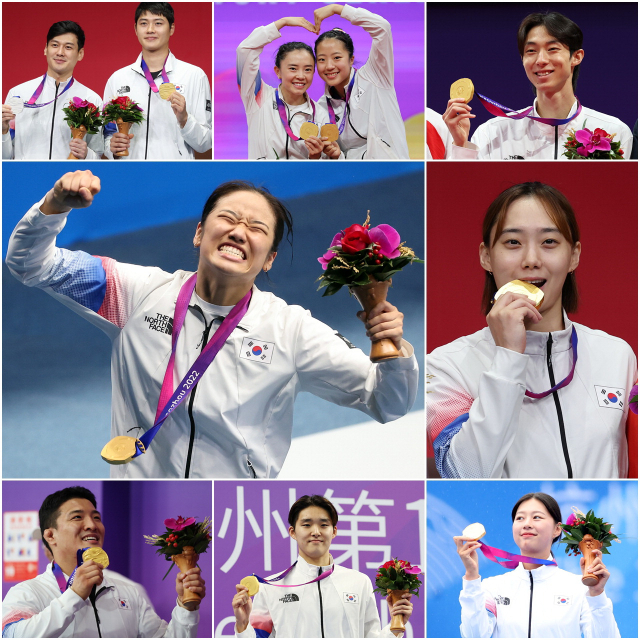 2022 항저우 아시안게임이 16일간의 열전을 마무리하고 8일 오후 막을 내렸다. 사진은 위 왼쪽부터 펜싱 남자 사브르 개인전에서 금메달을 차지한 오상욱과 은메달을 차지한 구본길, 탁구 여자 복식 신유빈·전지희, 태권도 겨루기 남자 58㎏급 장준, 배드민턴 여자 단식 안세영, 펜싱 여자 사브르 개인 윤지수가 금메달을 목에 건 모습. 연합뉴스