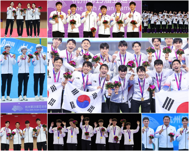 1년 미뤄져 지난달 23일 개막한 2022 항저우 아시안게임이 16일간의 열전을 마무리하고 8일 오후 막을 내린다. 사진은 펜싱 여자 에페 단체, 남자 바둑 단체, 야구, 양궁 리커브 여자 단체, 축구, 펜싱 남자 사브르 단체, e스포츠 리그 오브 레전드(LoL), 양궁 리커브 남자 단체전에서 금메달을 획득한 선수들의 모습. 연합뉴스