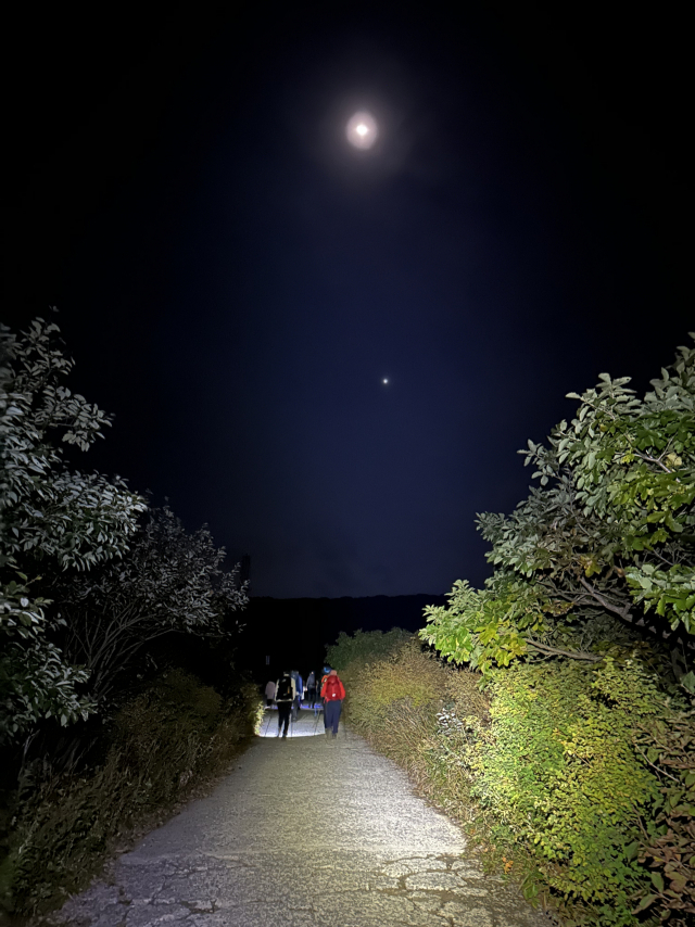 노고단대피소를 지나 노고단고개로 향하는 길. 밤을 밝히는 건 헤드렌턴과 달빛이 전부다.