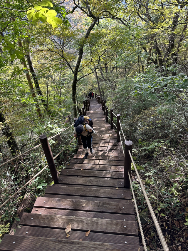 화개재로 향하는 급경사 계단. 반대편에서 올라오는 이들은 말이 없다.