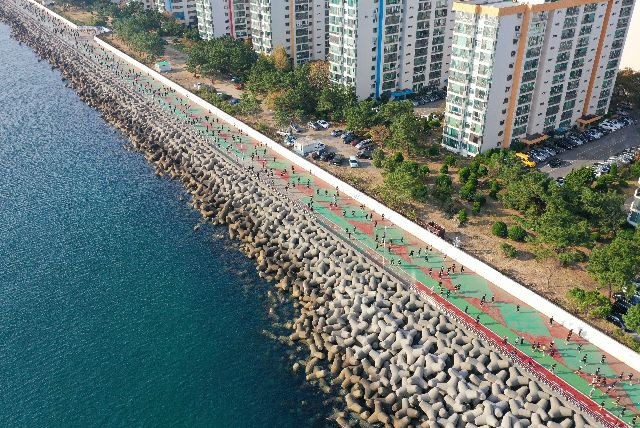 부산일보사 주최 ‘2023 부산바다마라톤’이 오는 29일 오전 부산 광안대교와 광안리 해변길 일원에서 열린다. 지난해 10km 부문에 참가한 마라톤 마니아들이 화창한 가을 날씨 속에 수영구 남천동 삼익비치아파트 앞 해변길를 달리고 있다. 부산일보DB