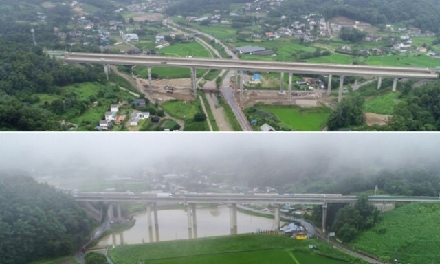 서울-양평 고속도로 예타를 통과한 원안 노선의 종점인 경기도 양평군 양서면 일대 모습(위), 대안 노선 종점으로 알려진 경기도 양평군 강상면 일대 모습. 연합뉴스