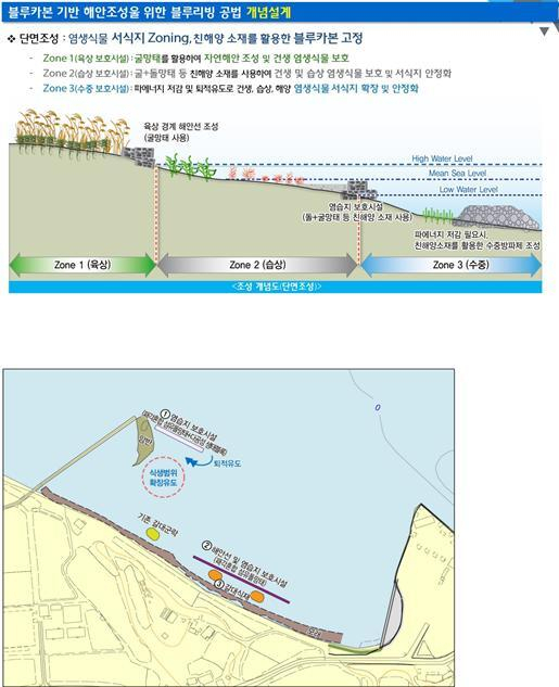 해양수산부는 굴패각‧염생식물 등 블루카본을 활용한 ‘숨쉬는 해안’을 조성하기 위해 전남 강진군에 기술 개발을 위한 시범 서식지를 마련하고, 3일 준공식을 개최한다고 2일 밝혔다. ‘블루카본 시범 서식지’ 개요(하단은 평면배치계획). 해수부 제공