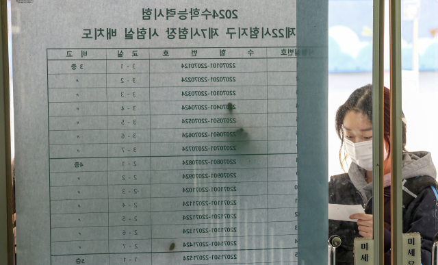 2024학년도 대학수학능력시험을 하루 앞둔 15일 부산 사상구의 시험장을 찾은 수험생들이 자신의 시험실 등을 확인하고 있다. 수능 당일 부산에서는 수험생 2만6740여 명이 60개 시험장에서 시험에 응시한다. 김종진 기자 kjj1761@