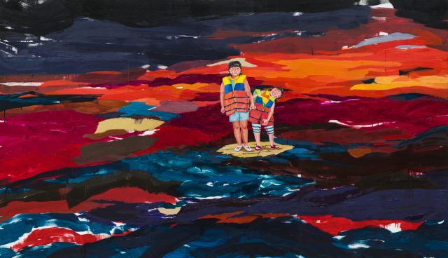 문지영 ‘긴 밤을 보낸 언니에게’는 긴장한 표정의 언니(작가)와 맑게 웃는 동생이 거친 물결 위에 서 있는 모습을 그린 작품이다. 2022 부산비엔날레 당시 아티스트 토크에서 문 작가는 작품 속 동생이 ‘언니야 괜찮다’고 말을 건네는 것 같았다고 밝혔다. 작가 제공