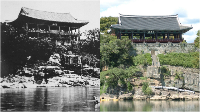 1930년대 촉석루와 현재의 촉석루 모습. 6.25전쟁 소실 이후 재건을 거쳤지만 거의 차이가 없다. 김현우 기자