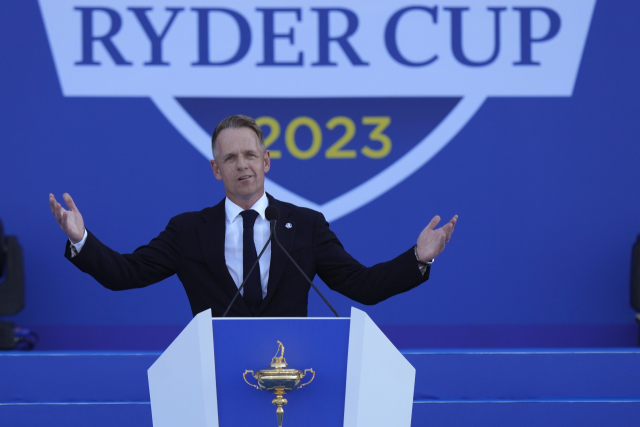 올해 9월 28일 이탈리아에서 열린 라이더컵 개막식에서 유럽연합팀 단장 루크 도널드(Luke Donald)가 연설을 하고 있다. AP연합뉴스 제공