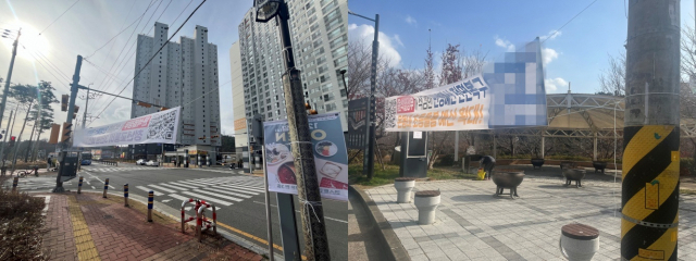 경남 김해시 주촌면 아파트 단지 앞 건널목(왼쪽)과 관동동 율하천 산책길 초입에 낮게 걸린 정당 현수막. 이경민 기자
