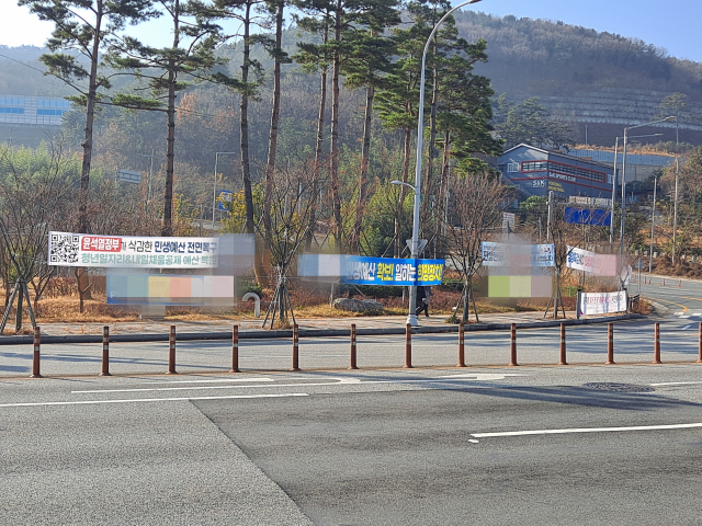 지난 10일 김해 율하2지구 상가밀집지역 맞은편 30m 구간에 현수막 8개가 걸렸다.