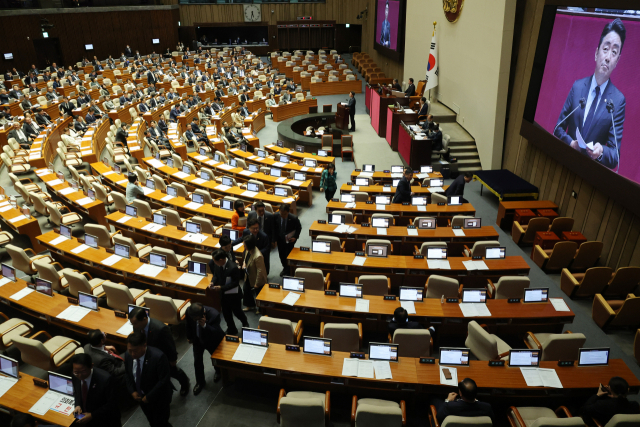 2023년을 열흘 남짓 남겨 둔 상황에서 올해 부울경 최대의 현안인 산업은행법 개정과 우주항공청 설치법, 고준위특별법 제정이 사실상 모두 물 건너간 것으로 보인다. 국회 본회의장 모습. 연합뉴스