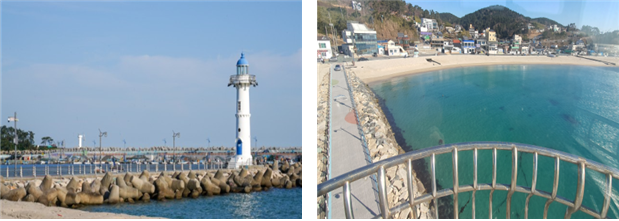 2024년 1월, 이달의 등대로 선정된 울산광역시 울주군 나사방사제등대(왼쪽부터 나사방사제등대, 나사해변). 해수부 제공