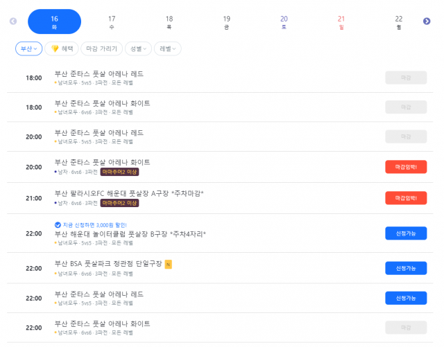 풋살 매칭 플랫폼 ‘플랩풋볼’ 웹사이트에서 지역을 ‘부산’으로 설정하면 보이는 화면. 평일인데도 신청자가 많아 다수의 경기장이 마감됐거나 마감을 앞두고 있다. 플랩풋볼 웹사이트 캡처
