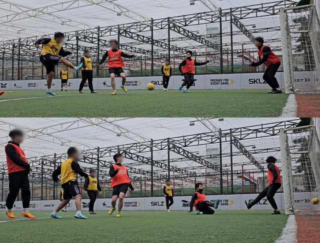 경기에서 연승을 거뒀지만 상대 팀의 실력도 만만치 않았다. 옐로 팀 공격수(왼쪽)가 반대편 골대를 보고 때린 낮고 빠른 슛이 그대로 네트를 가르는 장면. 슈팅을 예측한 기자가 문전에서 슬라이딩 태클을 시도해봤지만 소용 없었다. 조경건 부산닷컴 기자