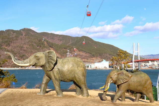 경남 사천시 아쿠아리움에서 바라본 바다케이블카 전경. 코끼리 조각상과의 절묘한 조화가 인상적이다. 남태우 기자