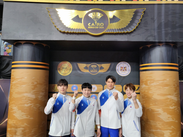 파리 올림픽 본선 티켓에 도전하는 한국 남자 기계체조 선수들 왼쪽부터 김한솔(서울시청), 신재환과 허웅(이상 제천시청), 류성현(한국체대). [대한체조협회 제공. 재판매 및 DB 금지]