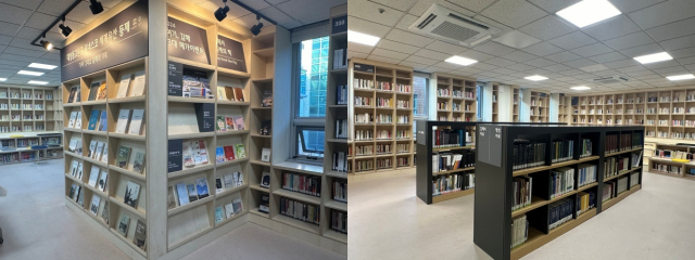 새로 조성된 김해시 행정자료실의 전문 도서 게시대(오른쪽)와 행정자료 서가. 김해시 제공